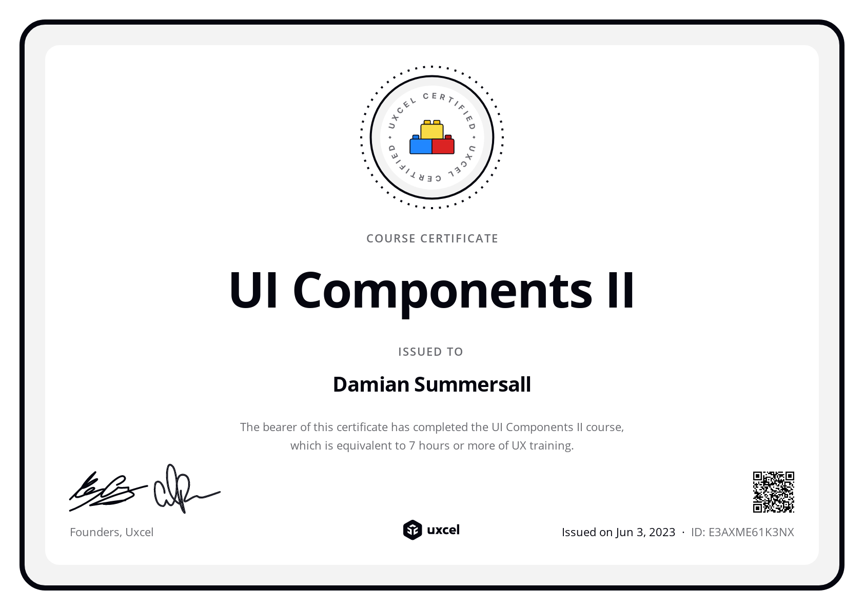 Damian Summersall's certificate